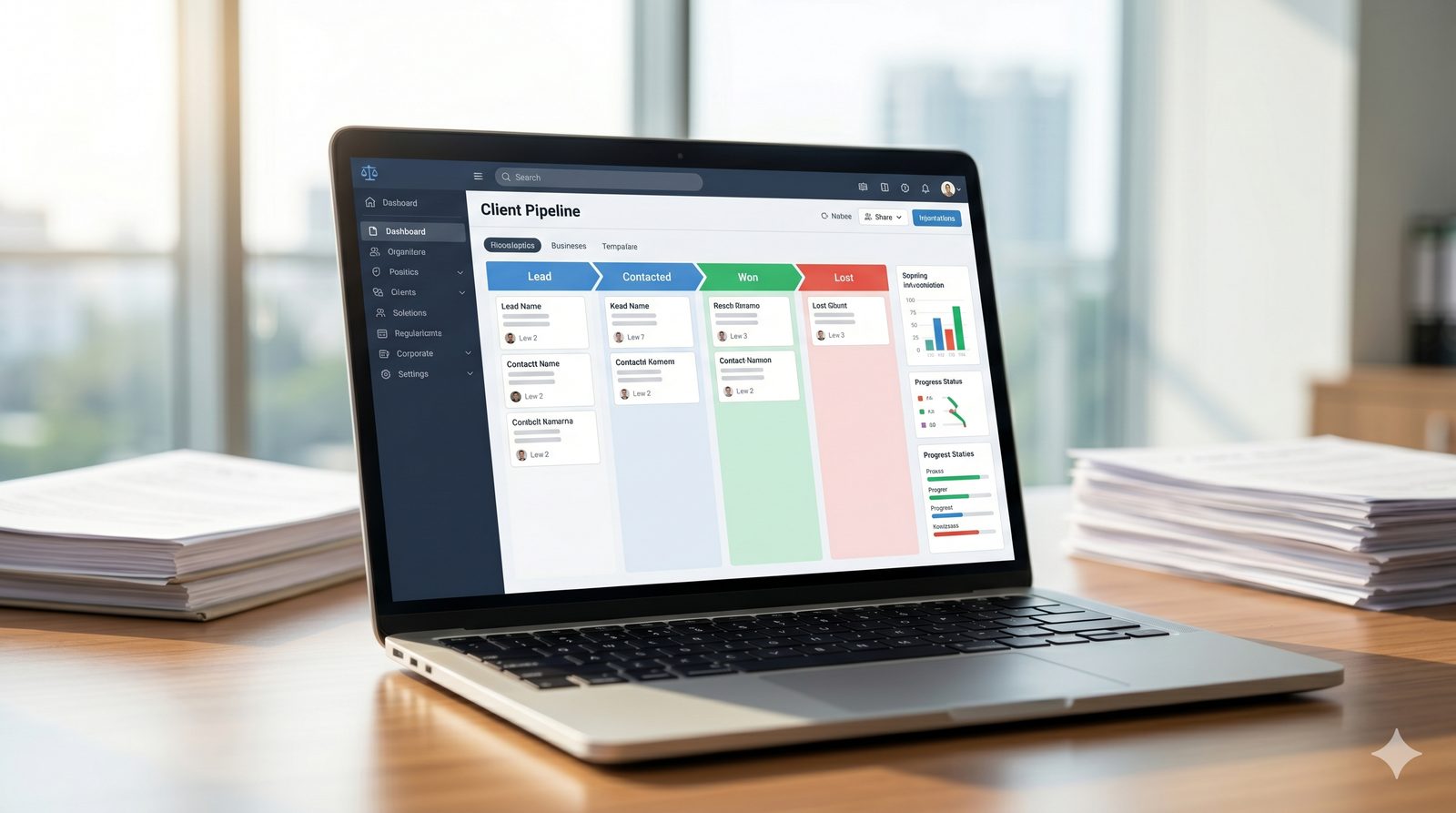 Legal CRM dashboard showing client pipeline