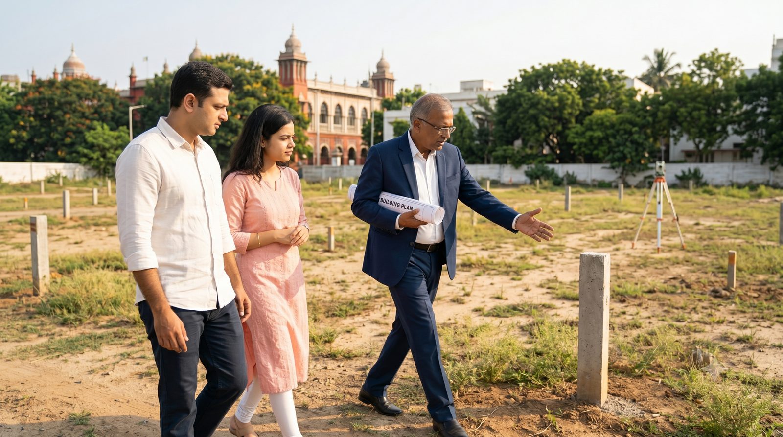Property lawyer guiding buyers through a site visit in Bangalore